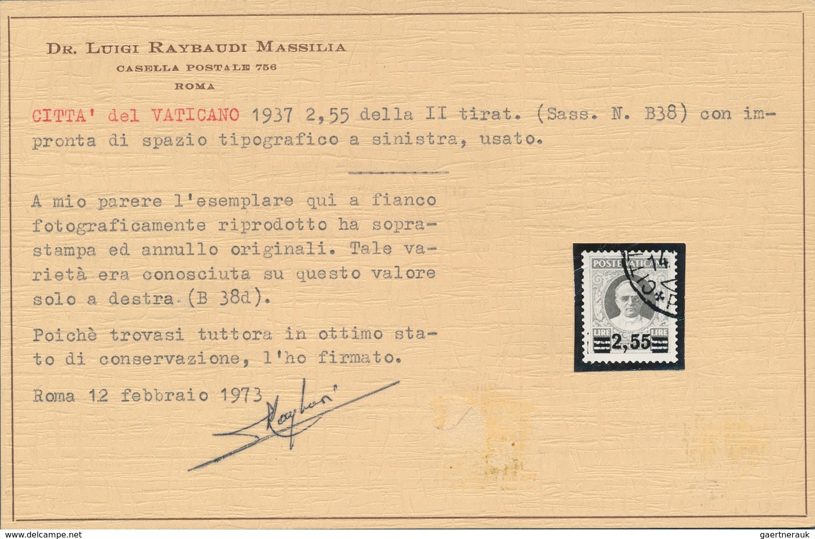 Vatikan: 1934, 2,55 L On 2,50 L Orange-red Provisional Definitive, Second Printing, Surcharge With A - Ungebraucht