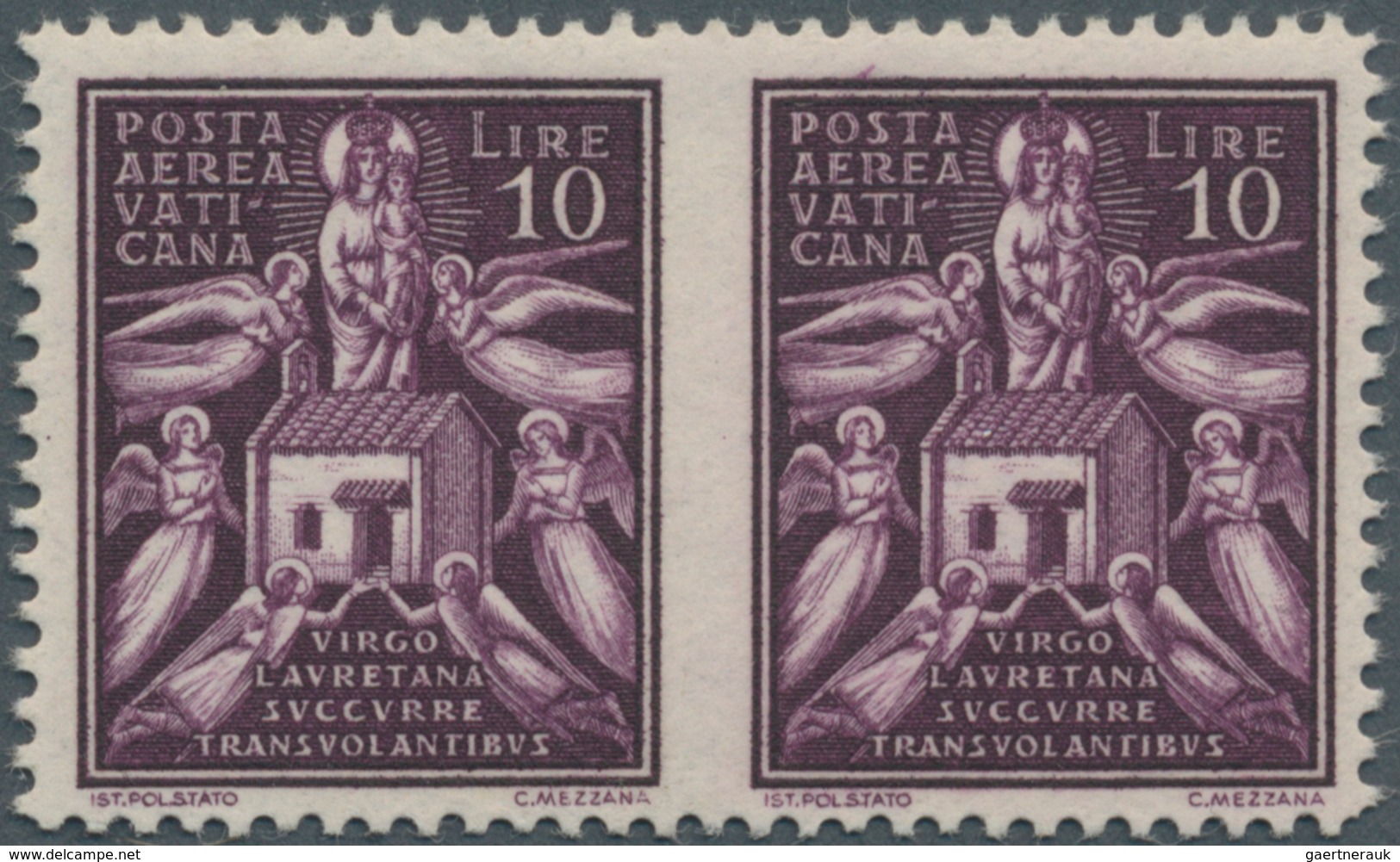 Vatikan: 1938, 10 L Brown-violet Airmail Stamp, Horizontal Pair With Vertically Imperforated Center. - Ungebraucht