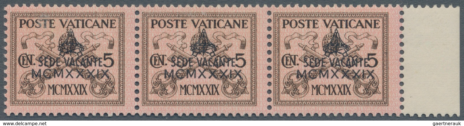 Vatikan: 1939, 5 C Brown/rose Sede Vacante, Horizontal Strip Of 3, Each Stamp With Distinct Overprin - Ungebraucht