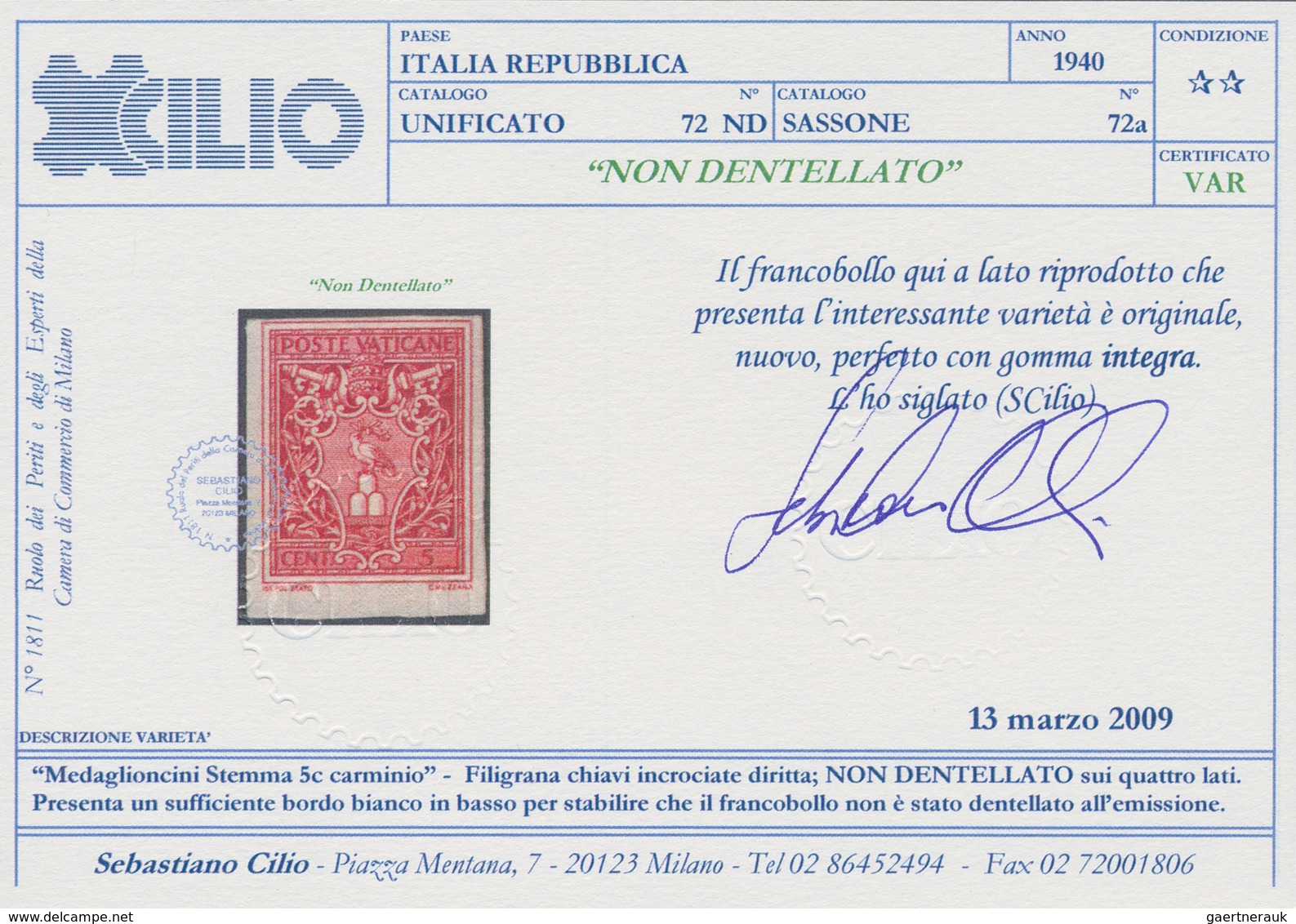 Vatikan: 1940, 5 C Carmine Definitive, IMPERFORATED, VF Mint Never Hinged Condition. Certificate Cil - Unused Stamps