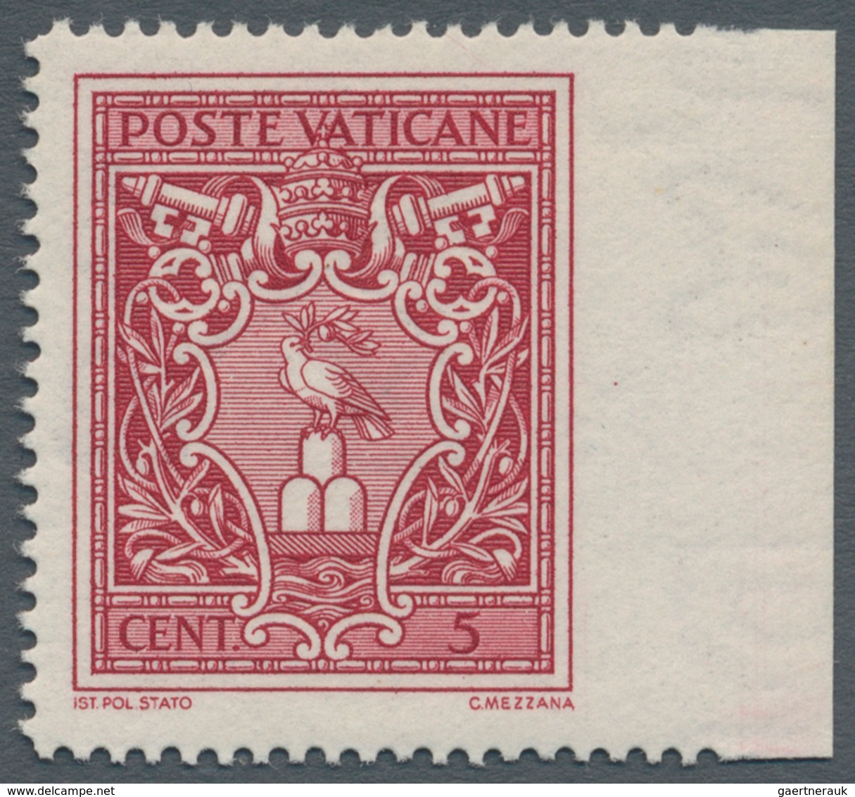 Vatikan: 1940, 5 C Carmine Definitive, IMPERFORATED At Right Side From Right Margin, XF Mint Never H - Neufs