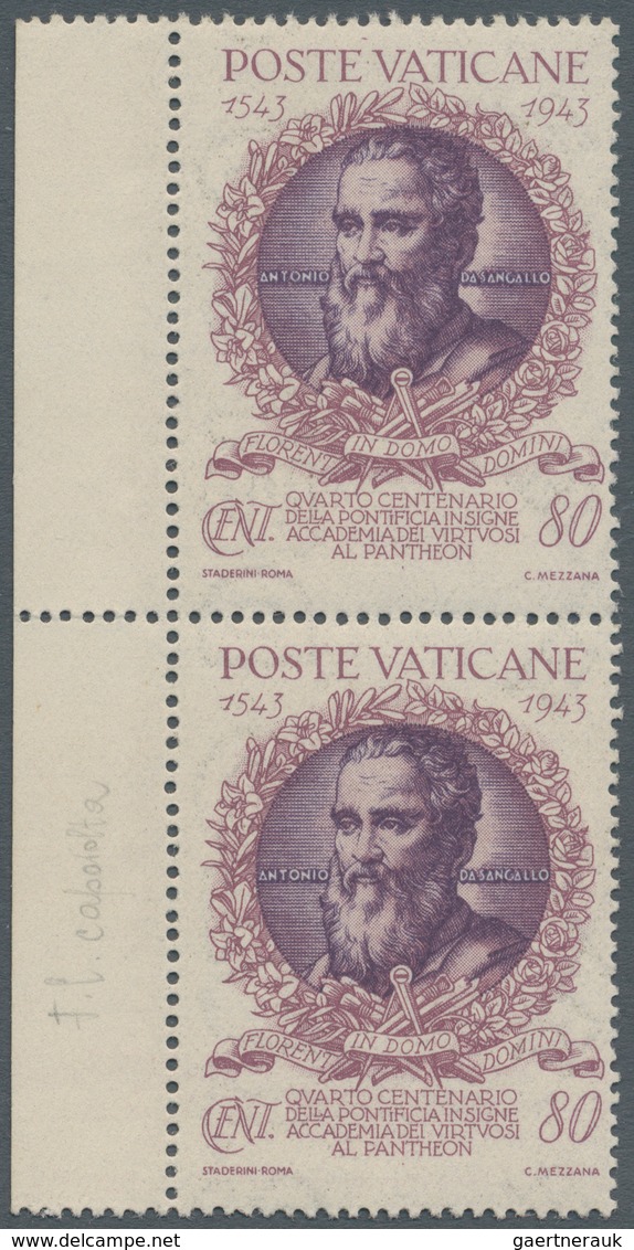 Vatikan: 1944, 80 C Mauve/violet "academy Of Arts", Vertical Pair From Left Margin With INVERTED Wat - Unused Stamps