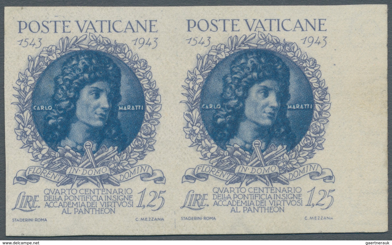 Vatikan: 1944, 1,25 Lire Blue/violet "academy Of Arts", IMPERFORATED Horizontal Pair From Right Shee - Unused Stamps