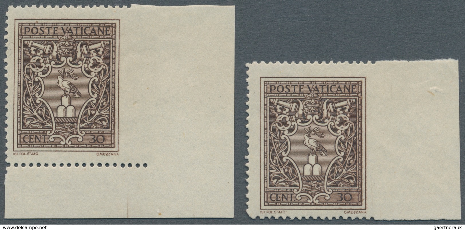 Vatikan: 1945, 30 C Brown, Two Stamps With Imperforated Right Margin, One Stamp From Lower Right Cor - Unused Stamps