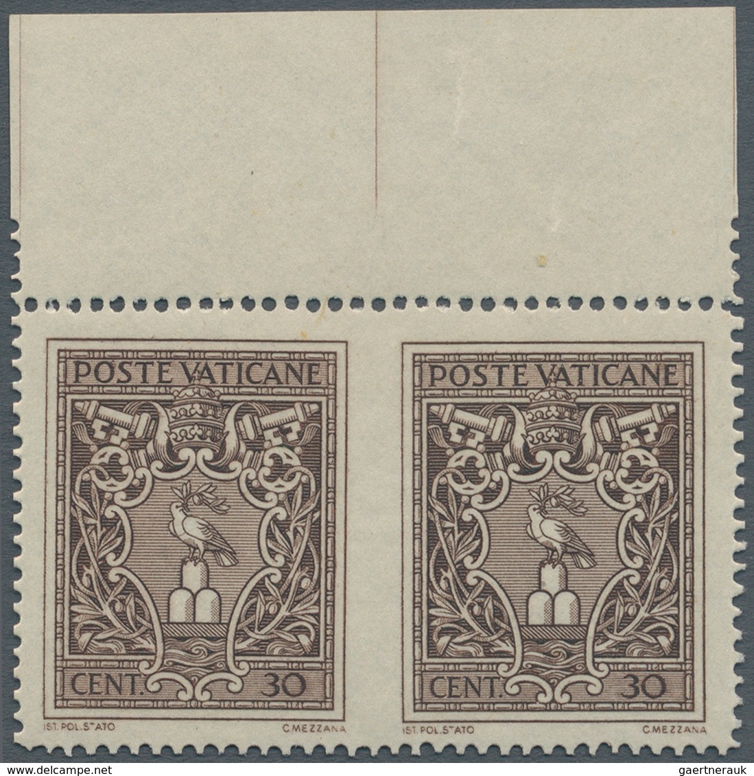 Vatikan: 1945, 30 C Brown, Horizontal Pair From Upper Margin With Vertically Imperforated Center, VF - Unused Stamps