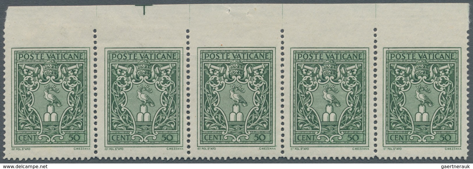 Vatikan: 1945, 50 C Green, Horizontal Strip Of 5 From Upper Margin, Each Stamp Imperforated At Top. - Unused Stamps