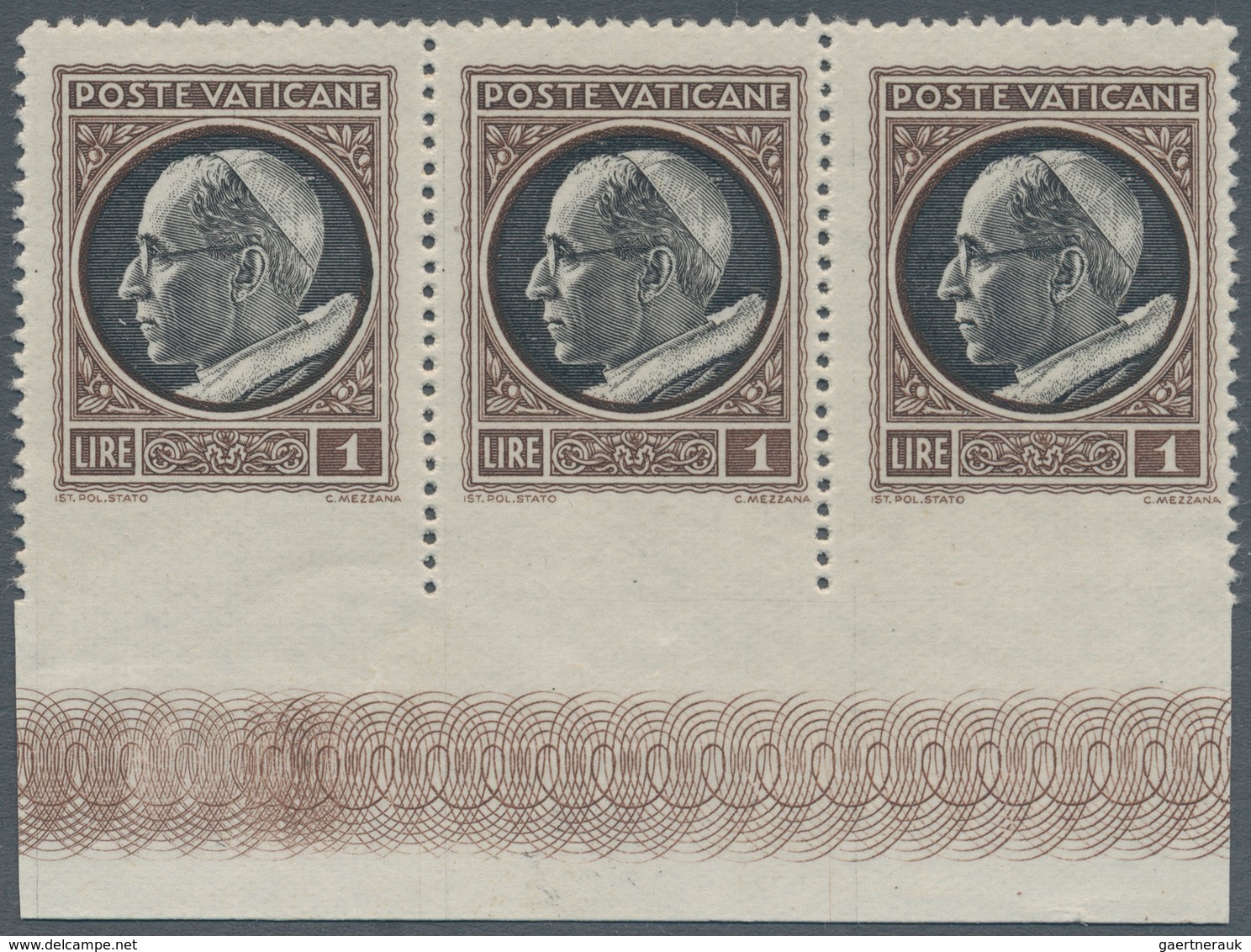 Vatikan: 1945, 1 L Brown/black, Horizontal Strip Of 3 With Imperforated Lower Margin And Bottom Marg - Unused Stamps