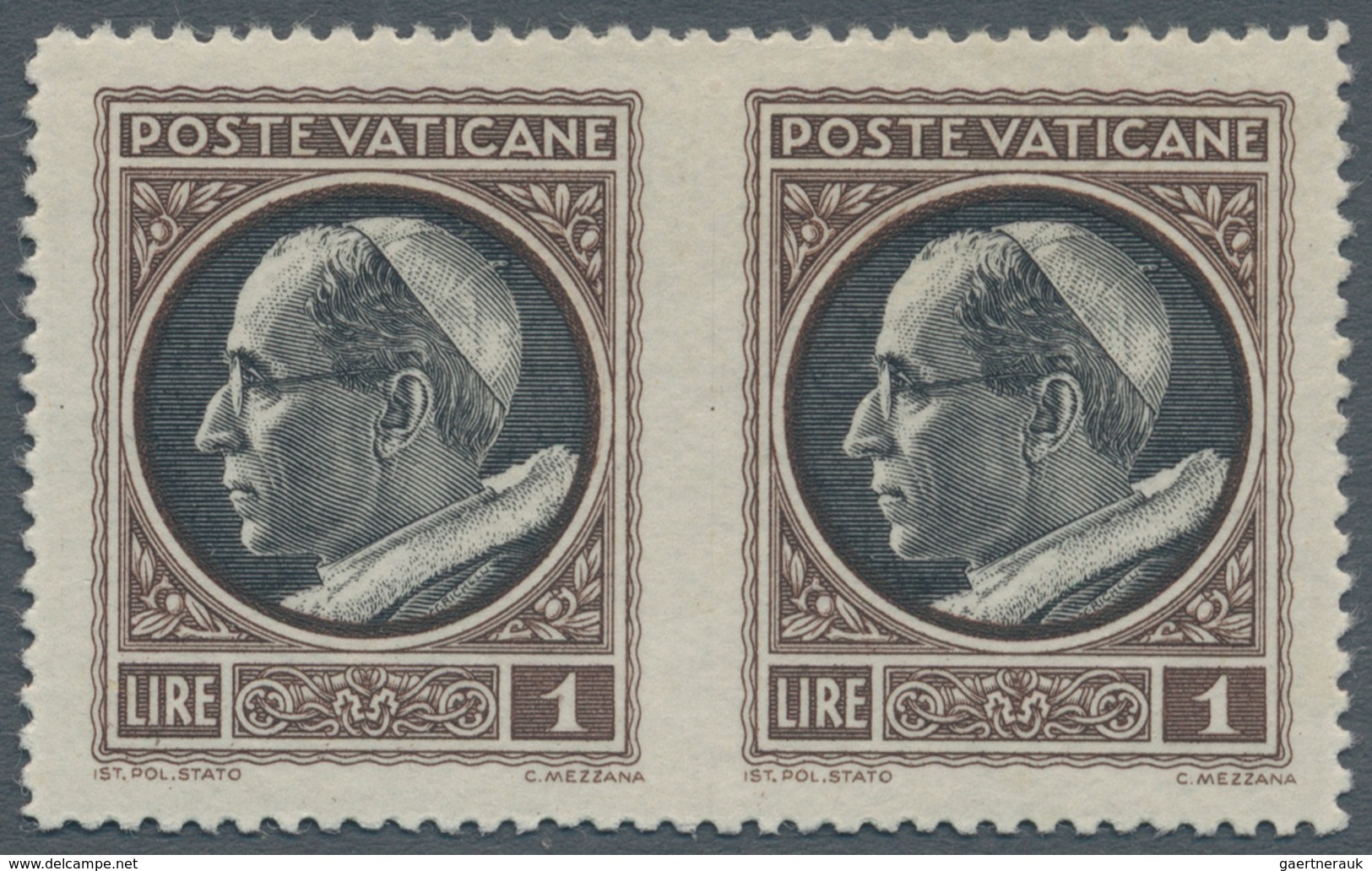 Vatikan: 1945, 1 L Brown/black, Horizontal Pair With Vertically Imperforated Center, VF Mint Never H - Neufs