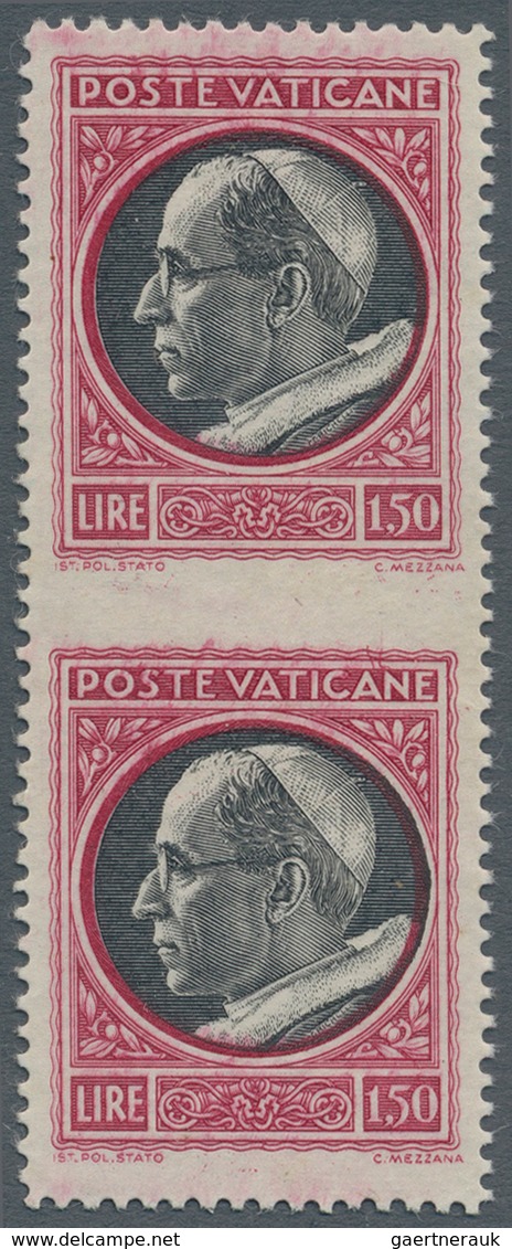 Vatikan: 1945, 1,50 L Carmine/black, Vertical Pair, Horizontally Imperforated Center, VF Mint Never - Ungebraucht