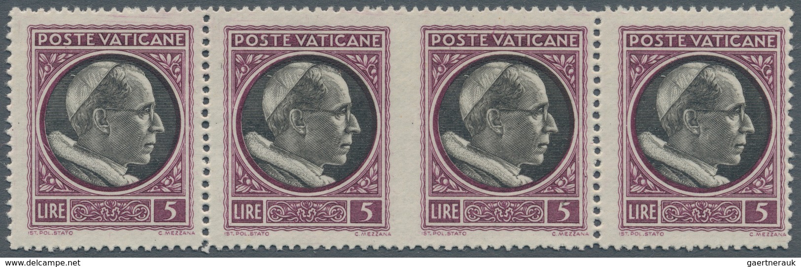 Vatikan: 1945, 5 L Lilac/black, Horizontal Strip Of 4 With Vertically Imperforated Center Between 2n - Ungebraucht