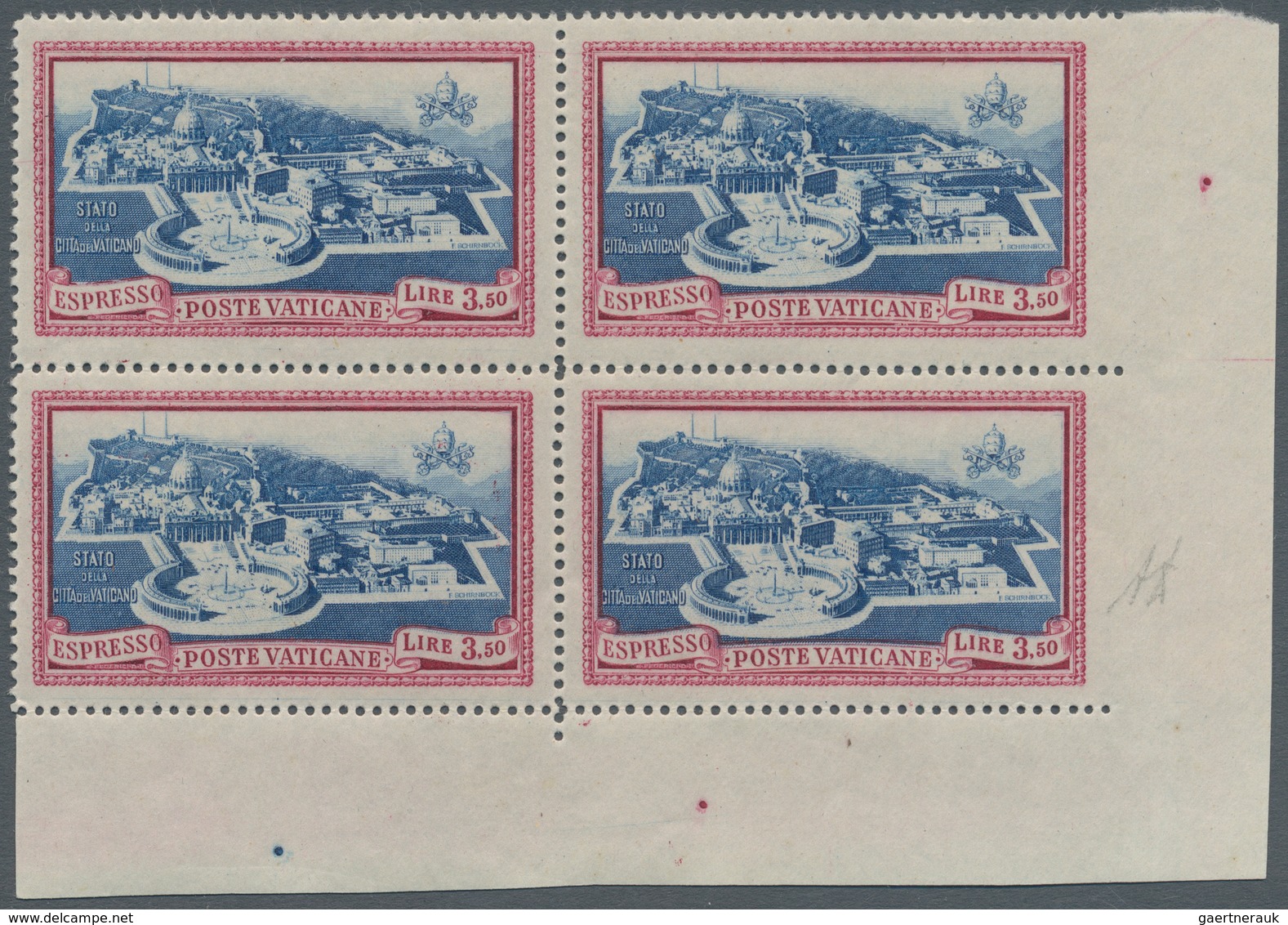 Vatikan: 1945, 3,50 L Carmine/blue Express Stamp, Block Of 4 From Lower Right Corner With Imperforat - Neufs