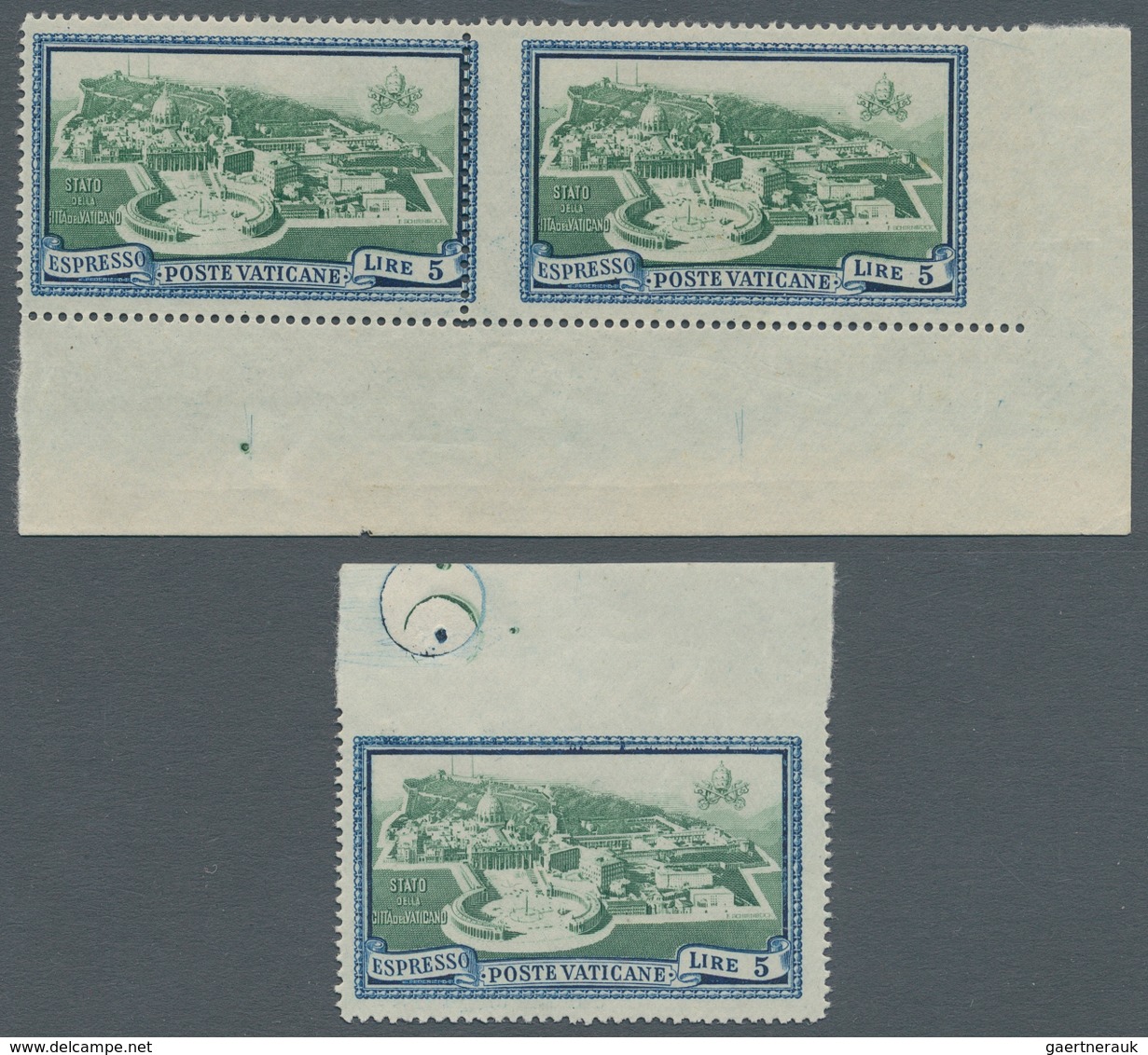 Vatikan: 1945, 5 L Blue/green Express Stamp, Horizontal Pair From Lower Right Corner With Imperforat - Neufs