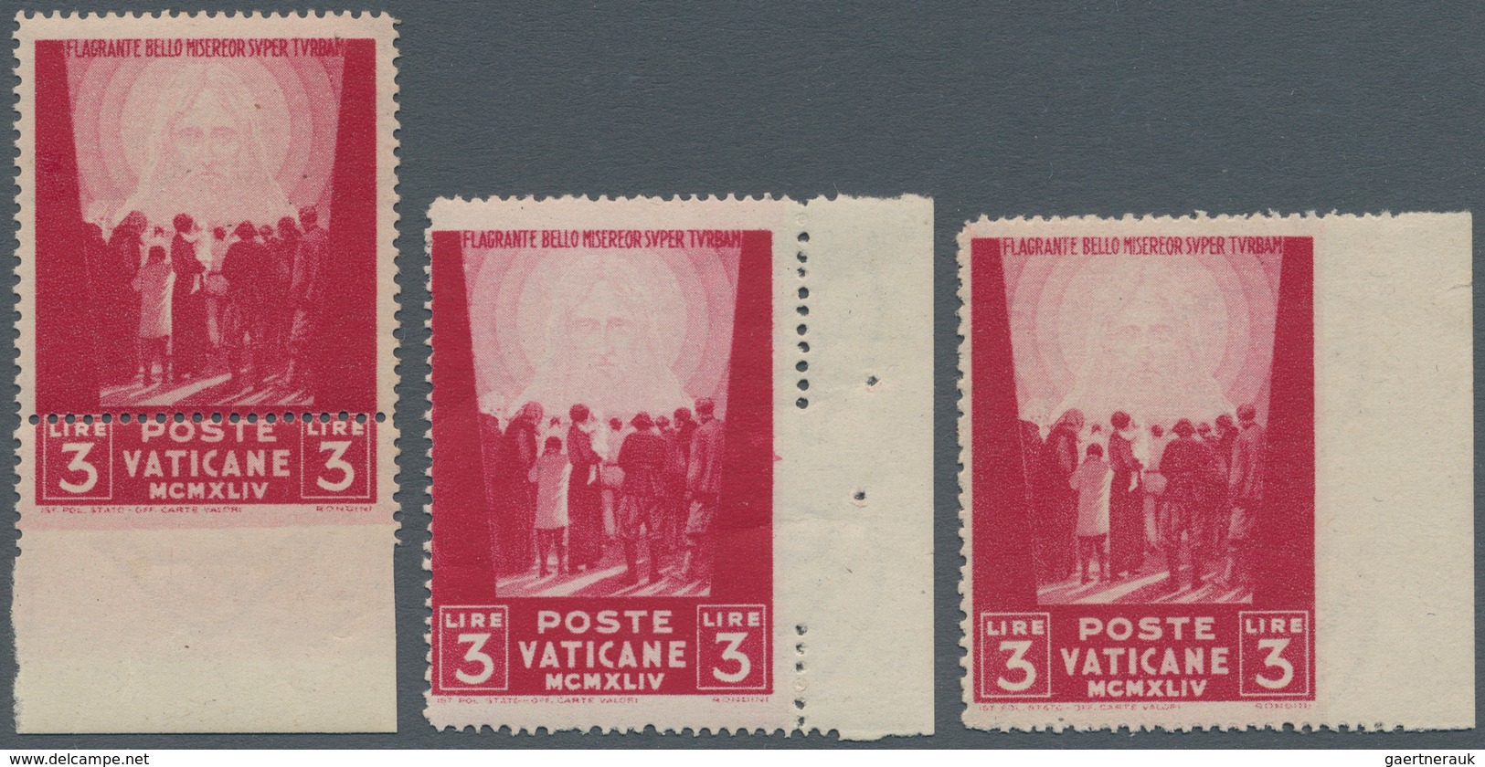 Vatikan: 1945, 3 L Carmine "war Victims Relief", Lot With Three Perforation Varieties: Imperforated - Neufs
