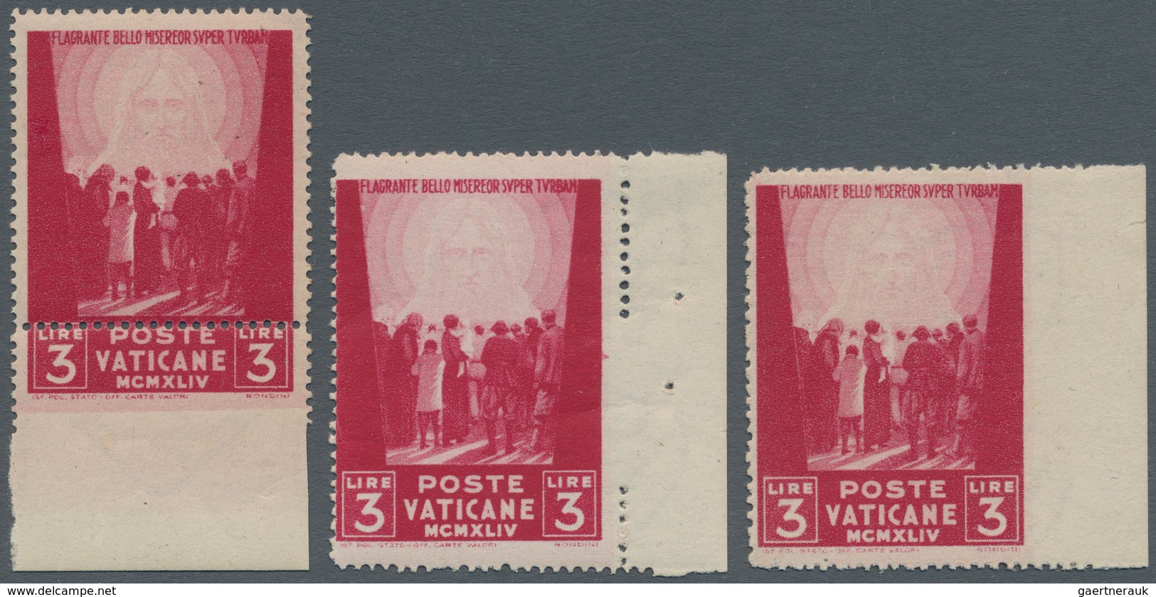 Vatikan: 1945, 3 L Carmine "war Victims Relief", Lot With Three Perforation Varieties: Imperforated - Ungebraucht