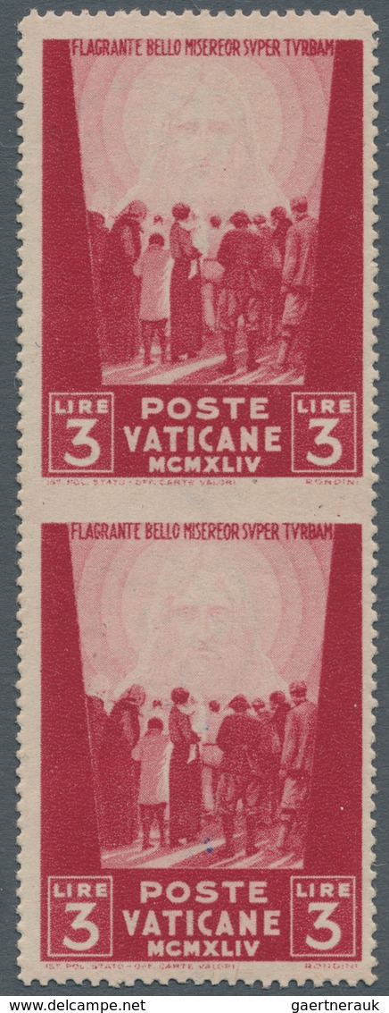 Vatikan: 1945, 3 L Carmine "war Victims Relief", Vertical Pair With Horizontally Imperforated Center - Unused Stamps