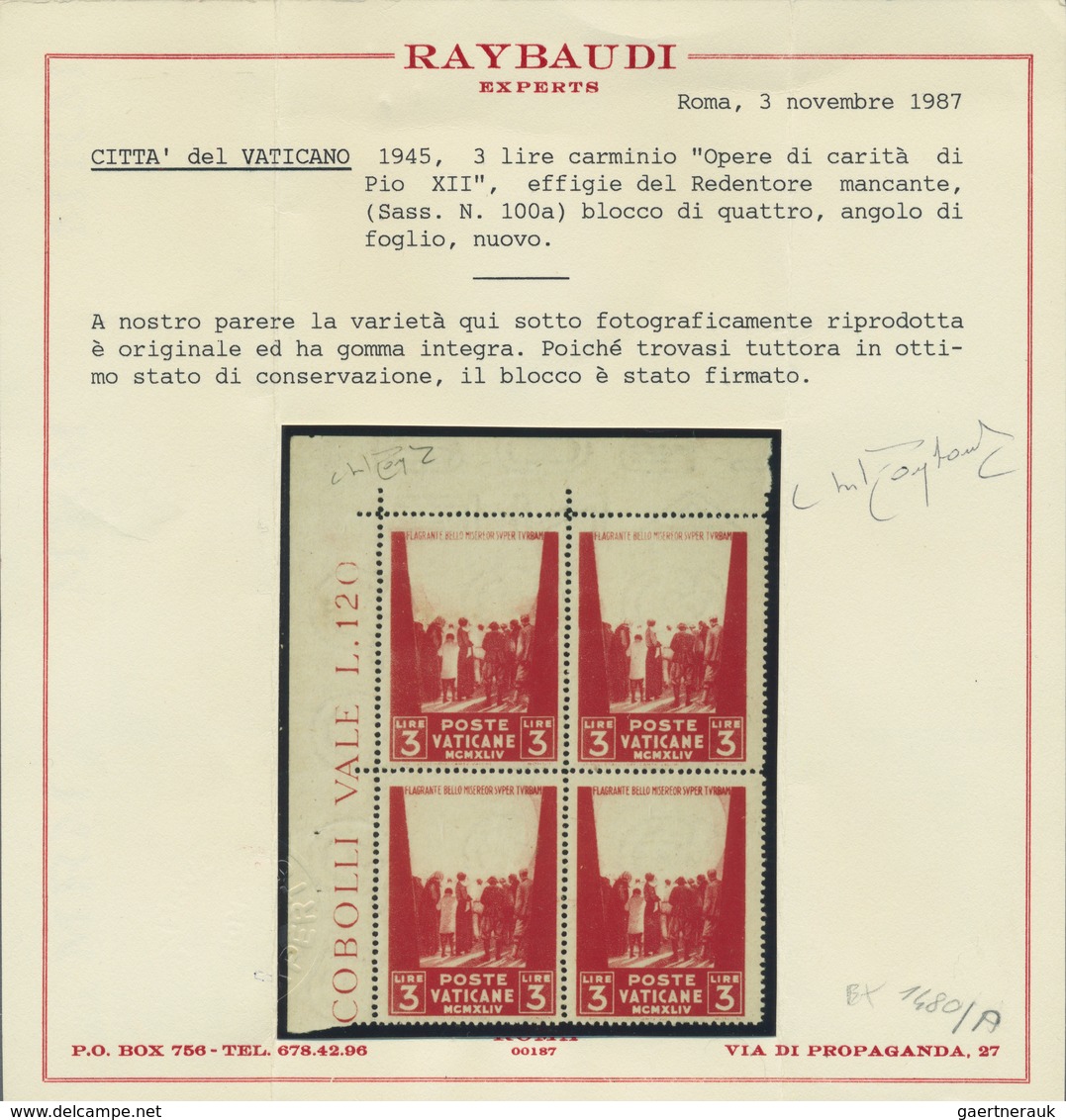 Vatikan: 1945, 3 L Carmine "war Victims Relief", With Variety "head Of Christ And Gloriole Missing", - Unused Stamps