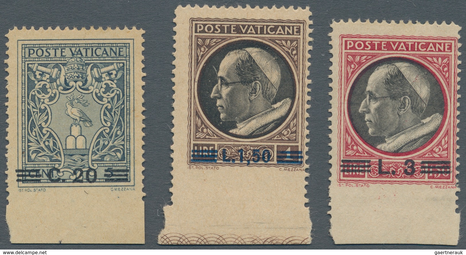 Vatikan: 1945, 20 C On 30 C Slate-grey, 1,50 L On 1 L Brown/black And 3 L On 1,50 L Carmine/black, E - Unused Stamps