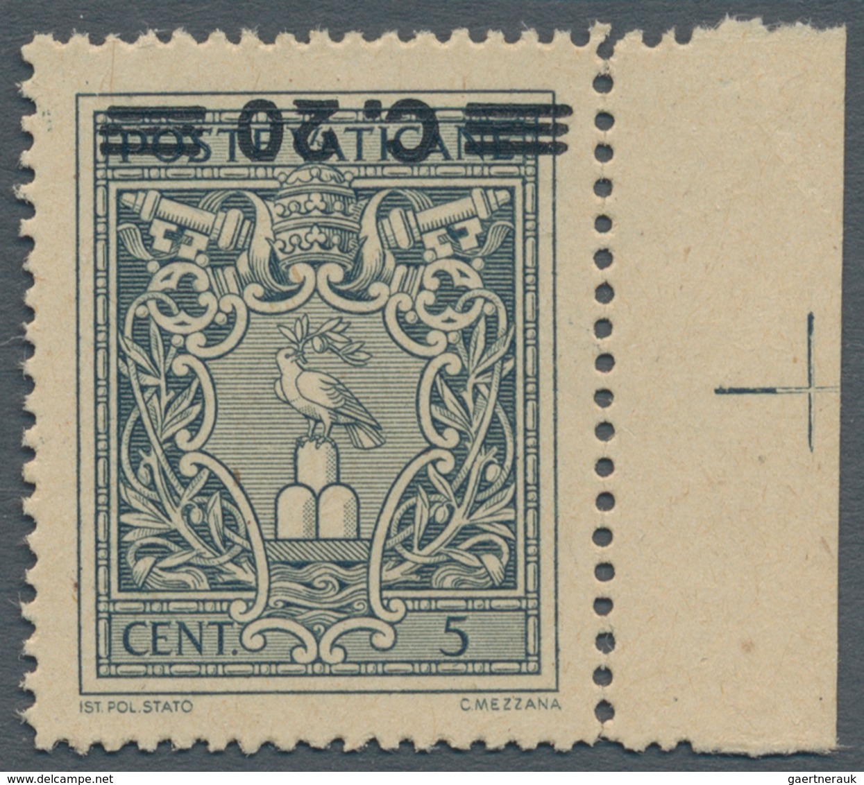 Vatikan: 1945, 20 C On 5 C Slate-grey From Right Margin With INVERTED Overprint. VF Mint Never Hinge - Ungebraucht