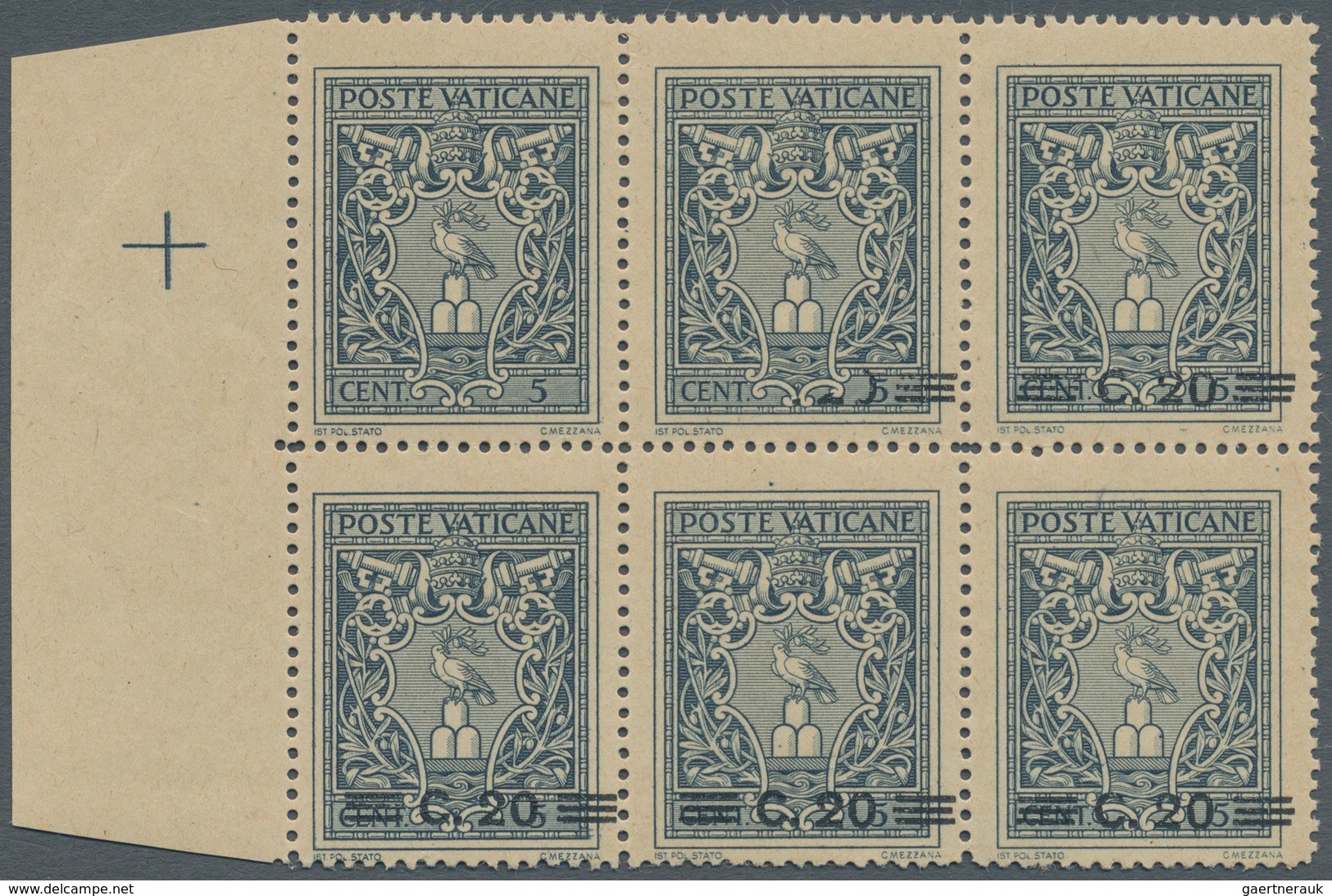 Vatikan: 1945, 20 C On 5 C Slate-grey, Block Of 6 From Left Margin, Upper Left Stamp Without Overpri - Unused Stamps