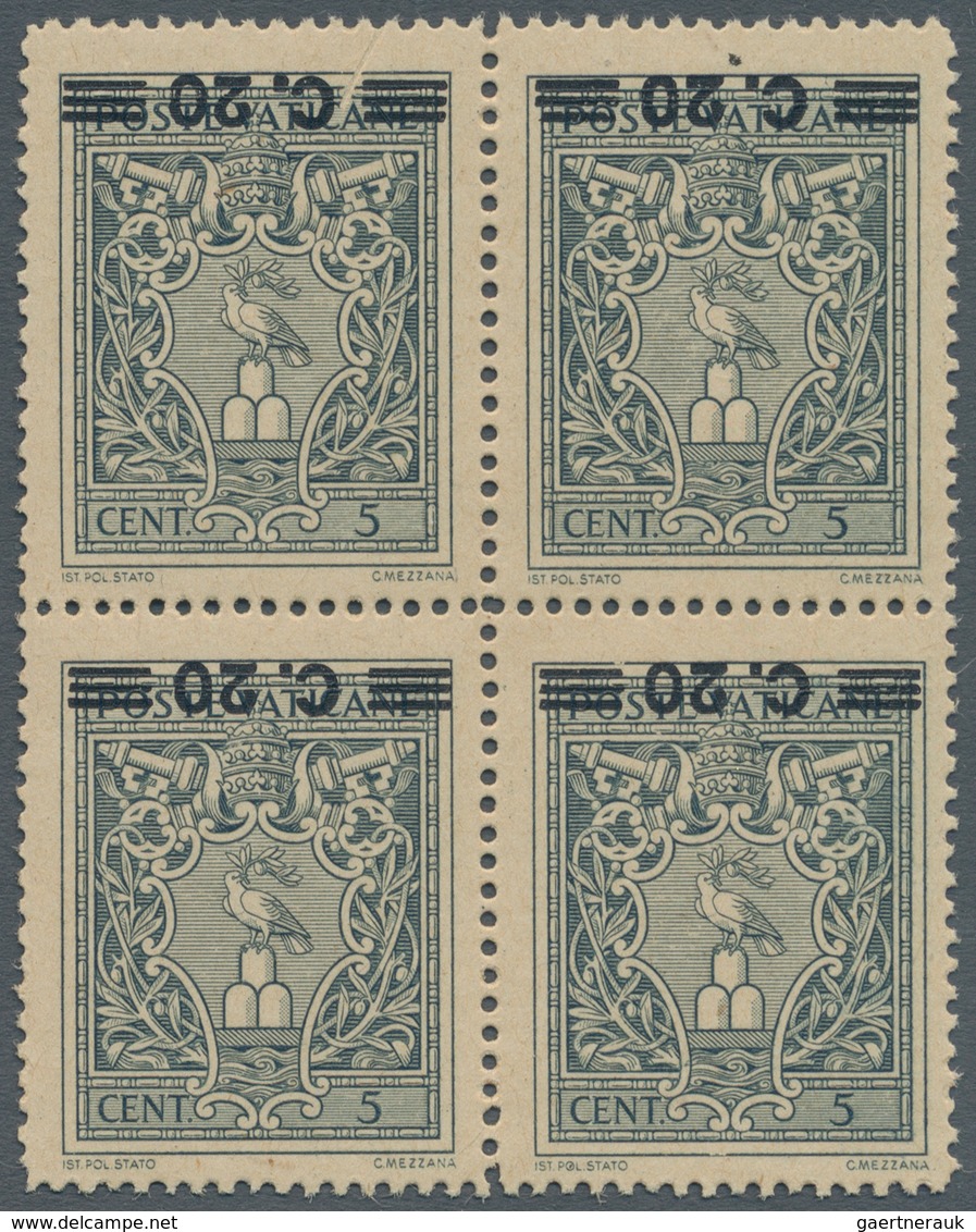 Vatikan: 1945, 20 C On 5 C Slate-grey, Block Of 4, Each Stamp With INVERTED Overprint, Upper Left St - Unused Stamps