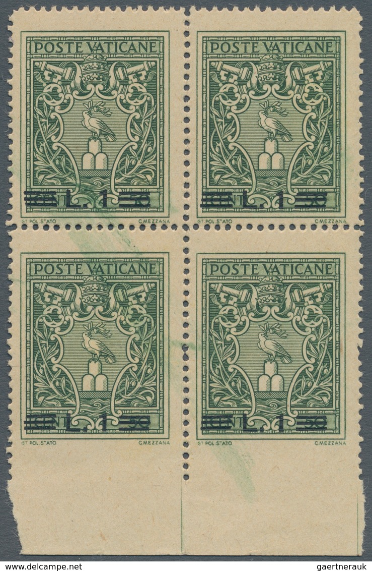 Vatikan: 1945, 1 L On 50 C Deep Green, Block Of 4 With Imperforated Lower Margin, Green Printing Ink - Unused Stamps