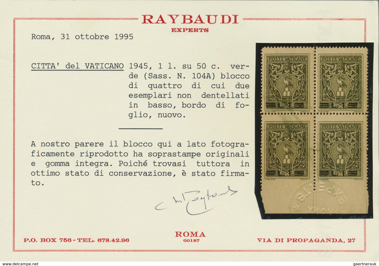 Vatikan: 1945, 1 L On 50 C Deep Green, Block Of 4 With Imperforated Lower Margin, Green Printing Ink - Unused Stamps