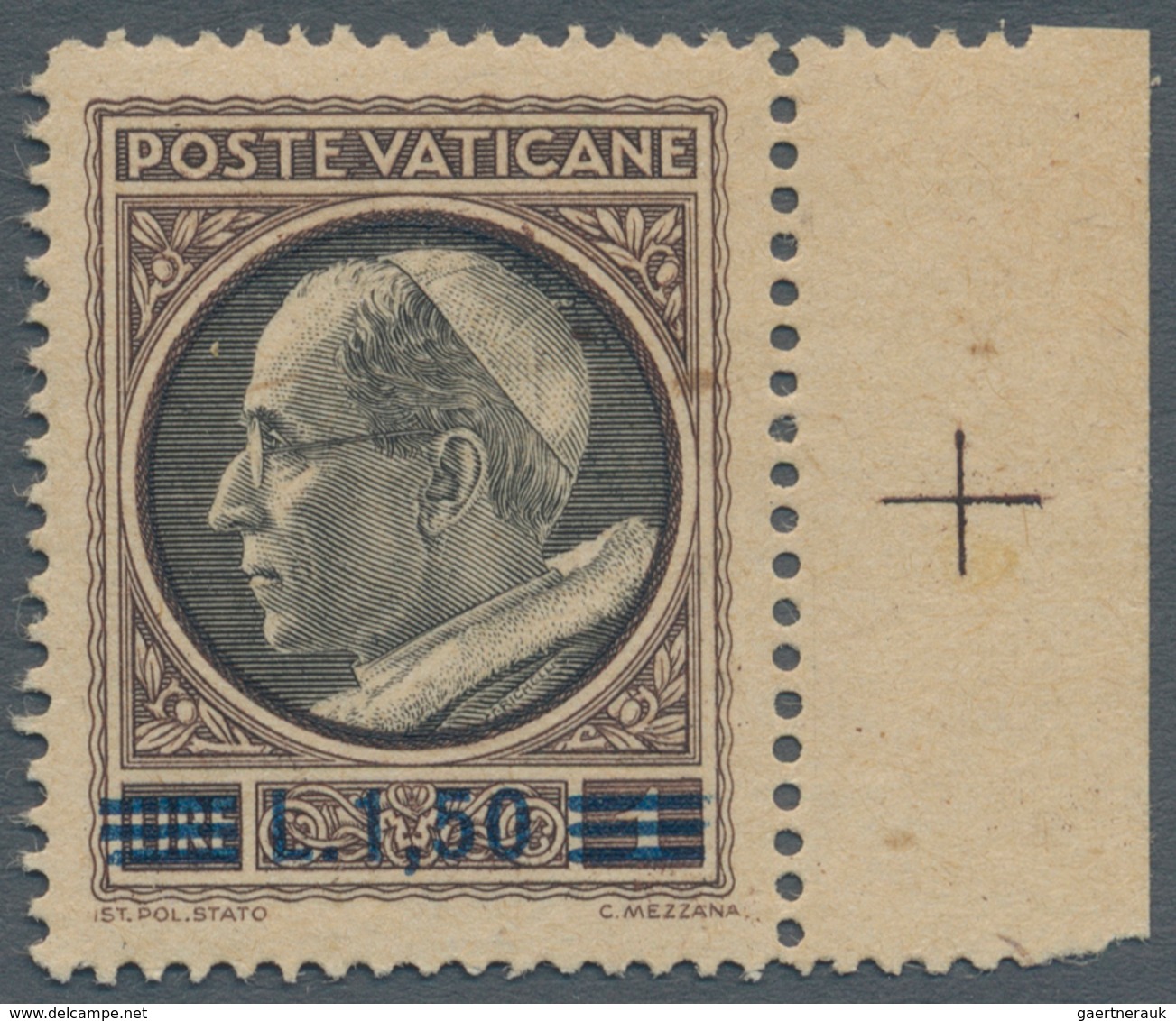 Vatikan: 1945, 1,50 L On 1 L Brown/black With Partial Offset Printing Of The Medallion On Reverse. V - Unused Stamps