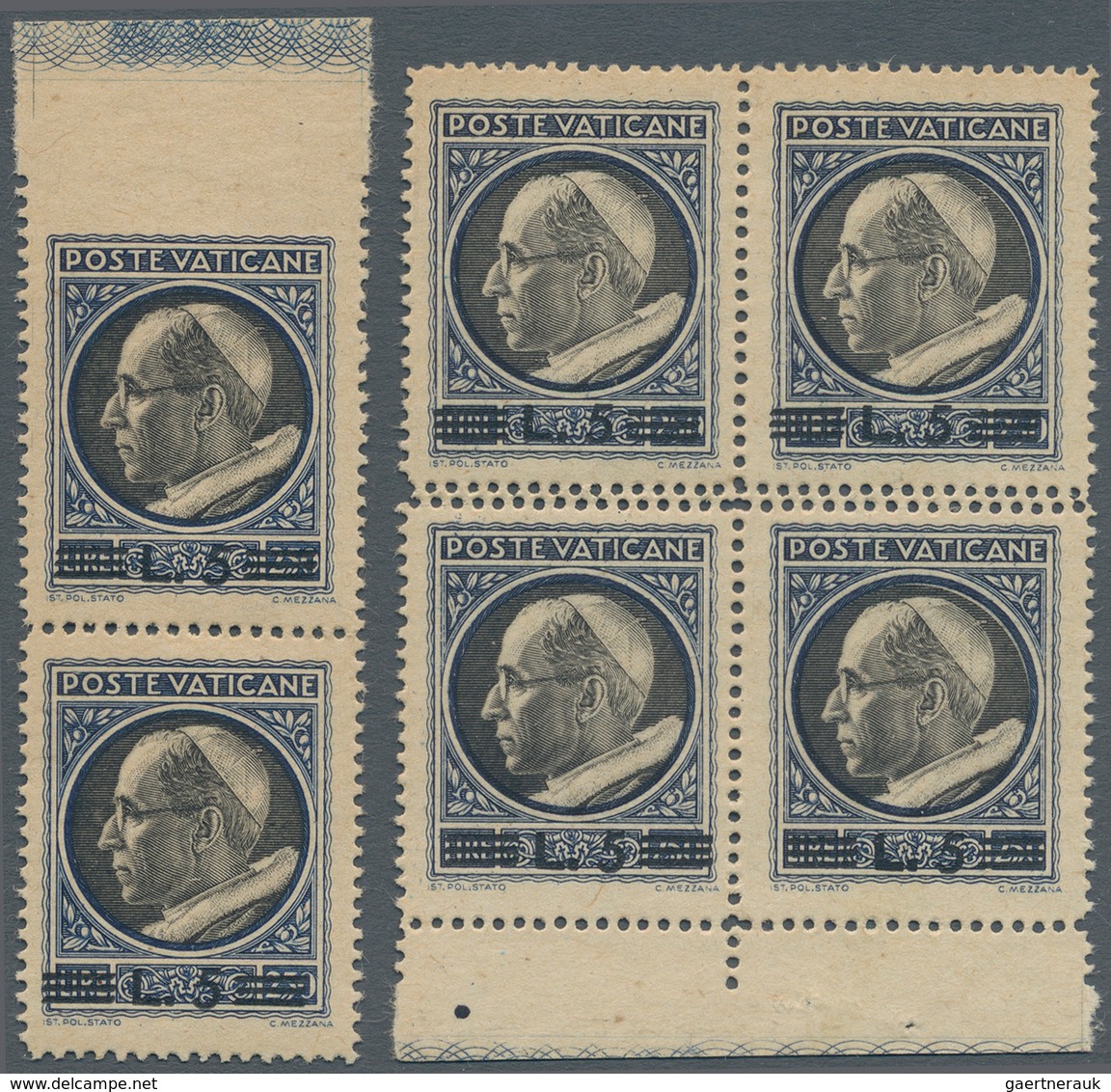 Vatikan: 1945, 5 L On 2,50 L Blue/black, Block Of 4 From Lower Margin With Double Horizontal Perfora - Unused Stamps