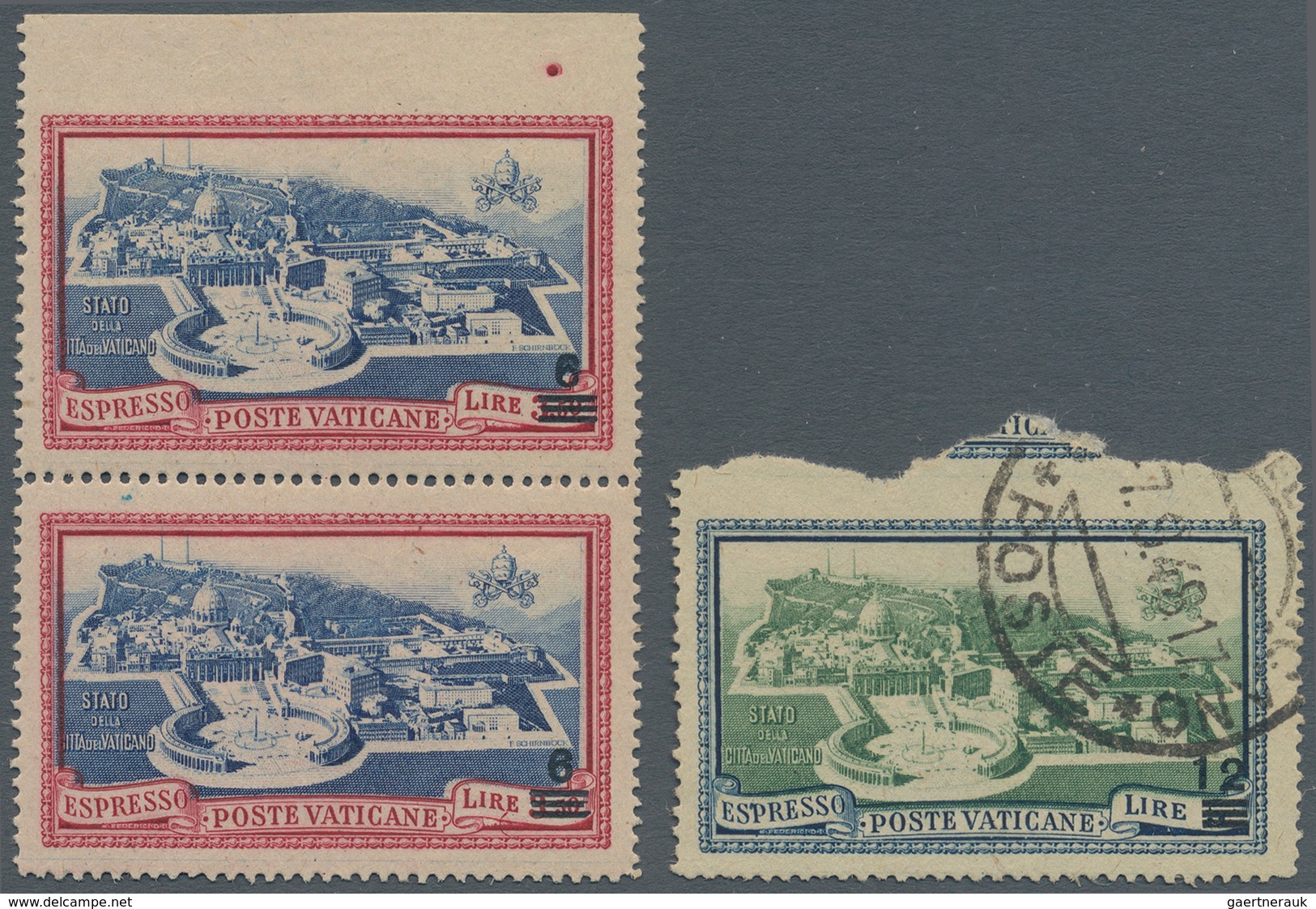 Vatikan: 1945, 6 L On 3,50 L Carmine/blue Express Stamp, Vertical Pair With Imperforated Margin At T - Unused Stamps