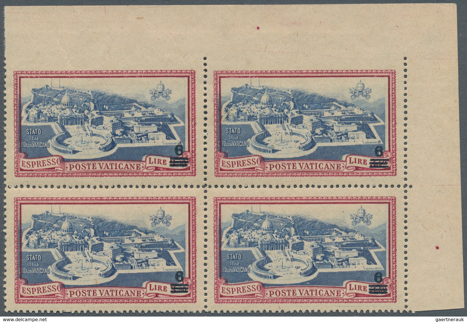 Vatikan: 1945, 6 L On 3,50 L Carmine/blue Express Stamp, Block Of 4 From Upper Right Corner With Imp - Unused Stamps