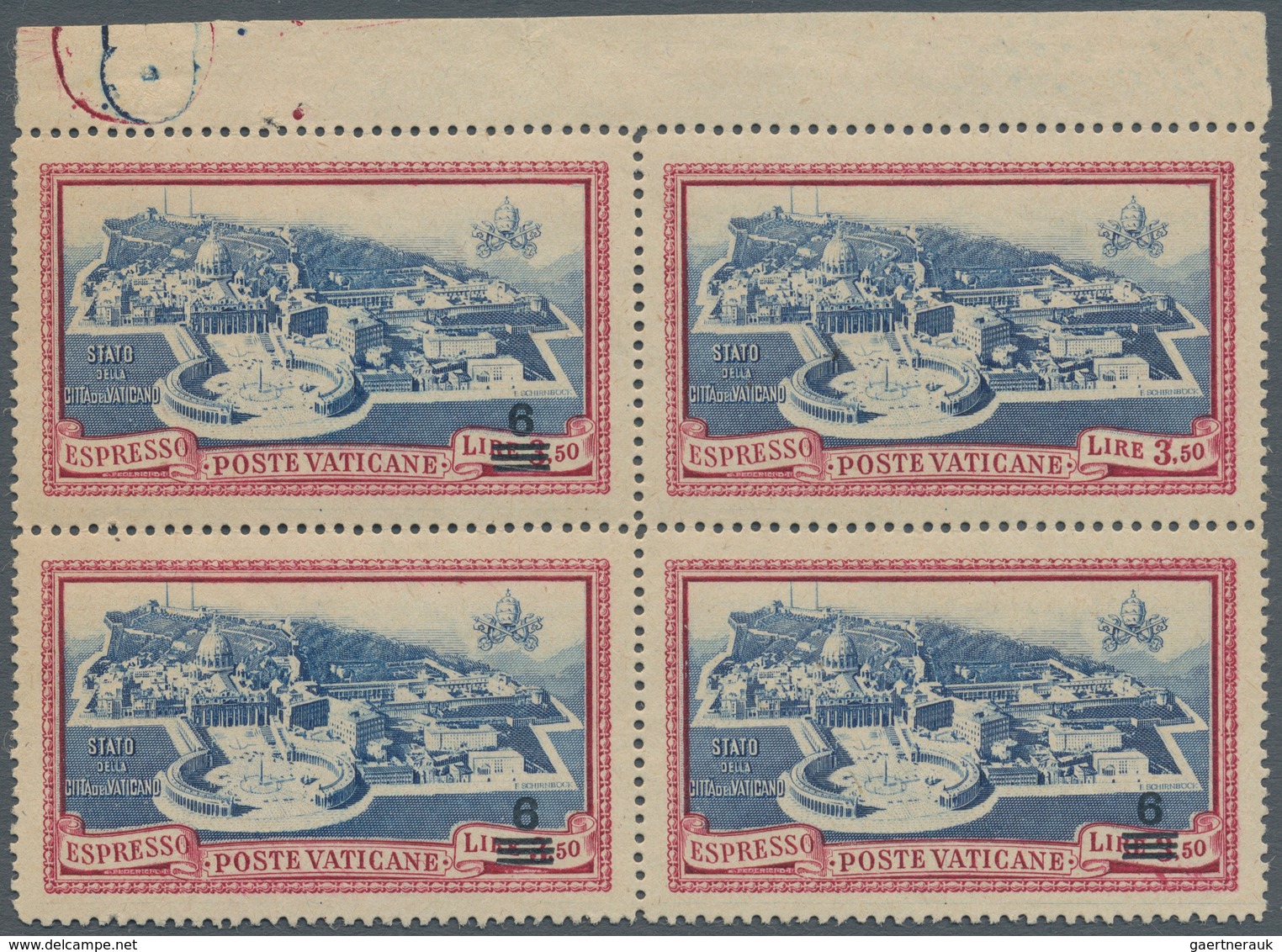 Vatikan: 1945, 6 L On 3,50 L Carmine/blue Express Stamp, Block Of 4 From Upper Margin, Upper Right S - Unused Stamps