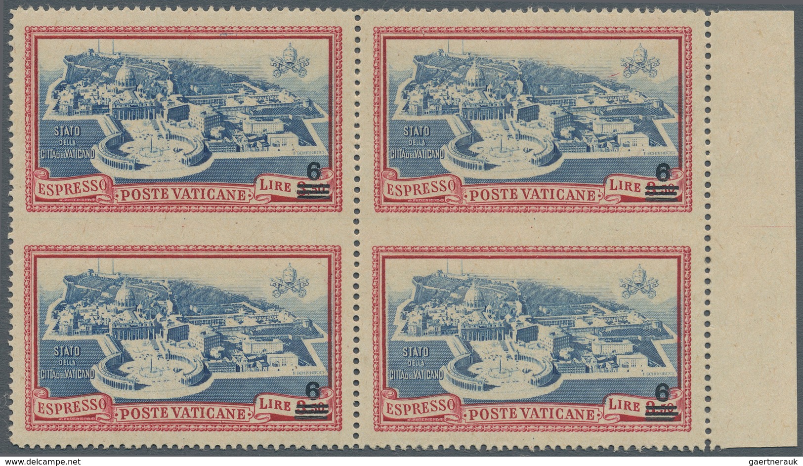 Vatikan: 1945, 6 L On 3,50 L Carmine/blue Express Stamp, Block Of 4 From Right Margin, Both Vertical - Unused Stamps