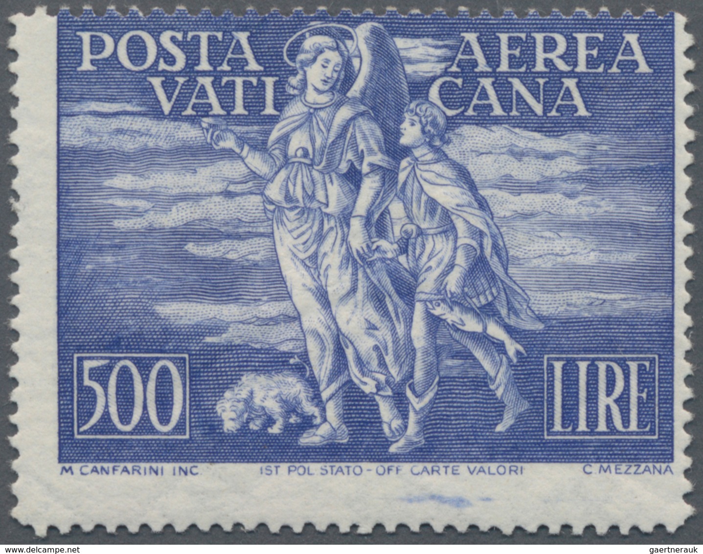 Vatikan: 1948, 500 L Ultramarine Airmail Stamp "Tobias", Horizontal Perforation Shifted Downwards. M - Unused Stamps