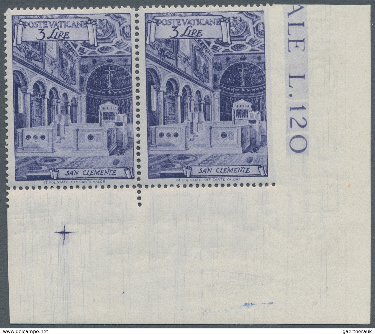 Vatikan: 1949, 3 L Violet "basilicas", Horizontal Pair From Lower Right Corner With Imperforated Rig - Ungebraucht