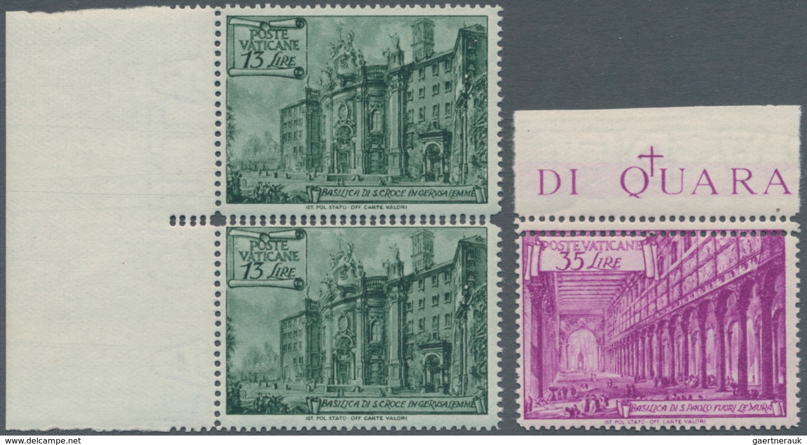 Vatikan: 1949, Definitives "basilicas", Lot With 3 Varieties: 13 L Deep Green, Vertical Pair From Le - Unused Stamps