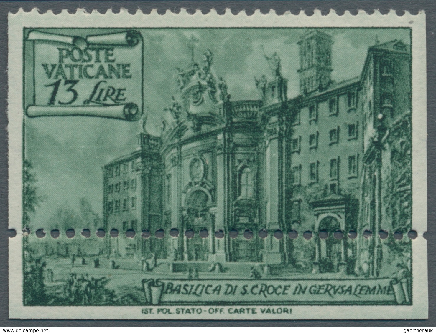Vatikan: 1949, 13 L Deep Green "basilicas", Vertically Imperforated And Lower Horizontal Perforation - Unused Stamps