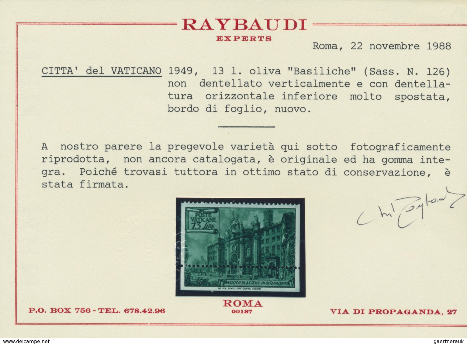 Vatikan: 1949, 13 L Deep Green "basilicas", Vertically Imperforated And Lower Horizontal Perforation - Ungebraucht