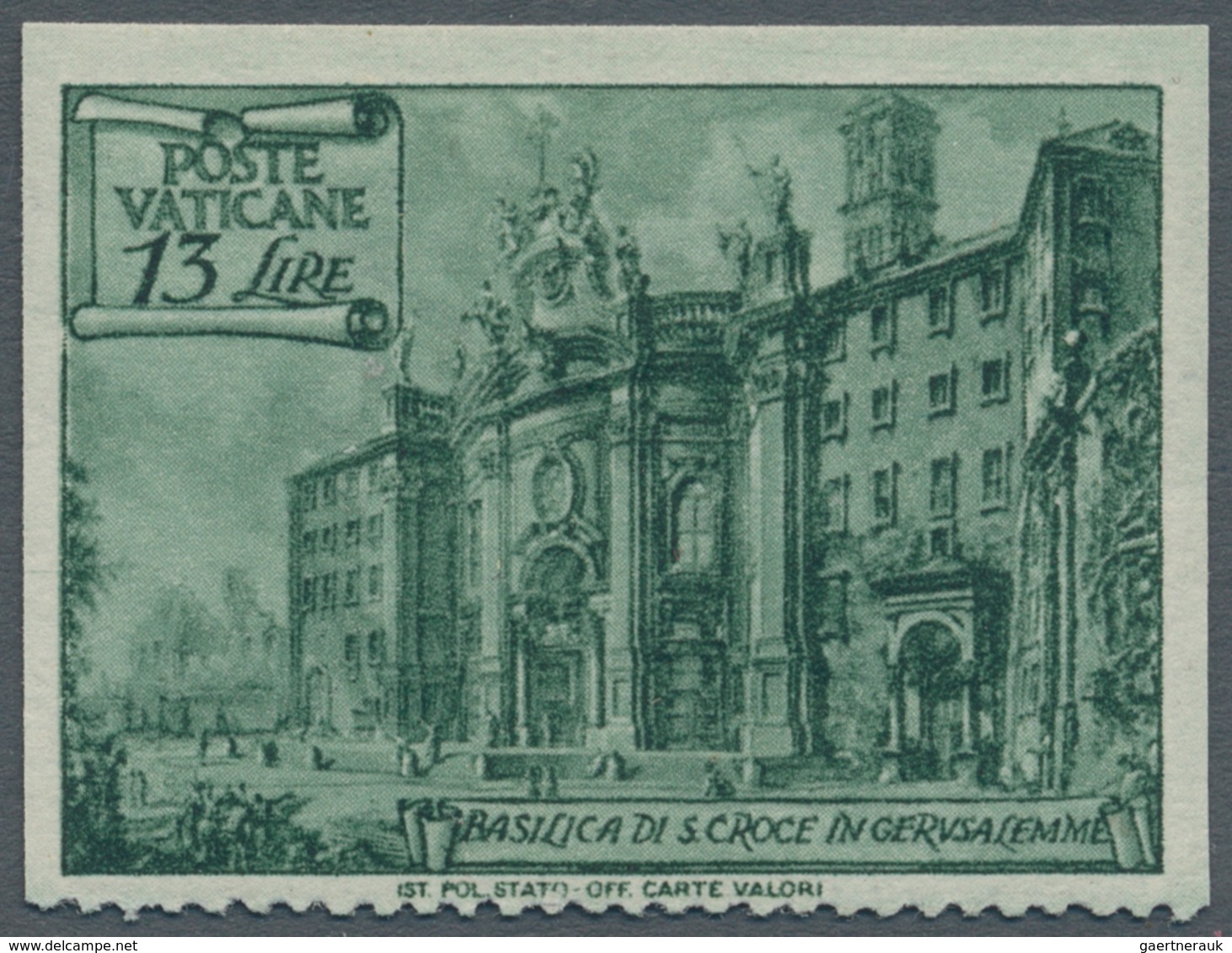 Vatikan: 1949, 13 L Deep Green "basilicas", Three Sides Imperforated, Perforation Only At Bottom. VF - Neufs