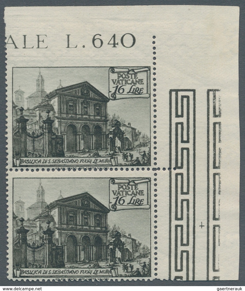 Vatikan: 1949, 16 L Olive Black "basilicas", Vertical Pair From Upper Right Corner With Imperforated - Unused Stamps