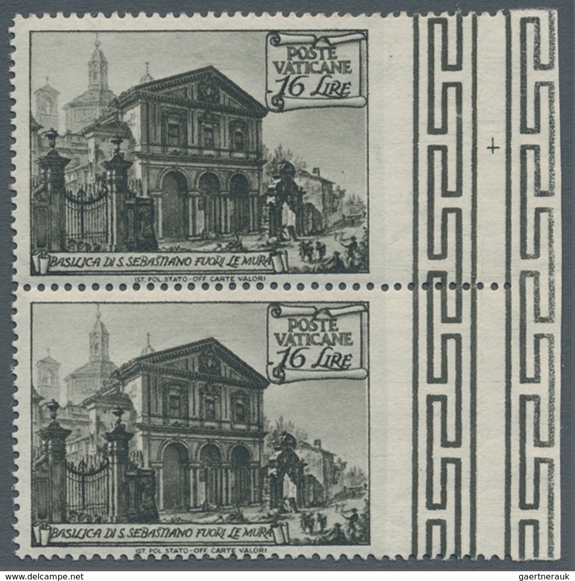 Vatikan: 1949, 16 L Olive Black "basilicas", Vertical Pair With Imperforated Right Margin. VF Mint N - Unused Stamps