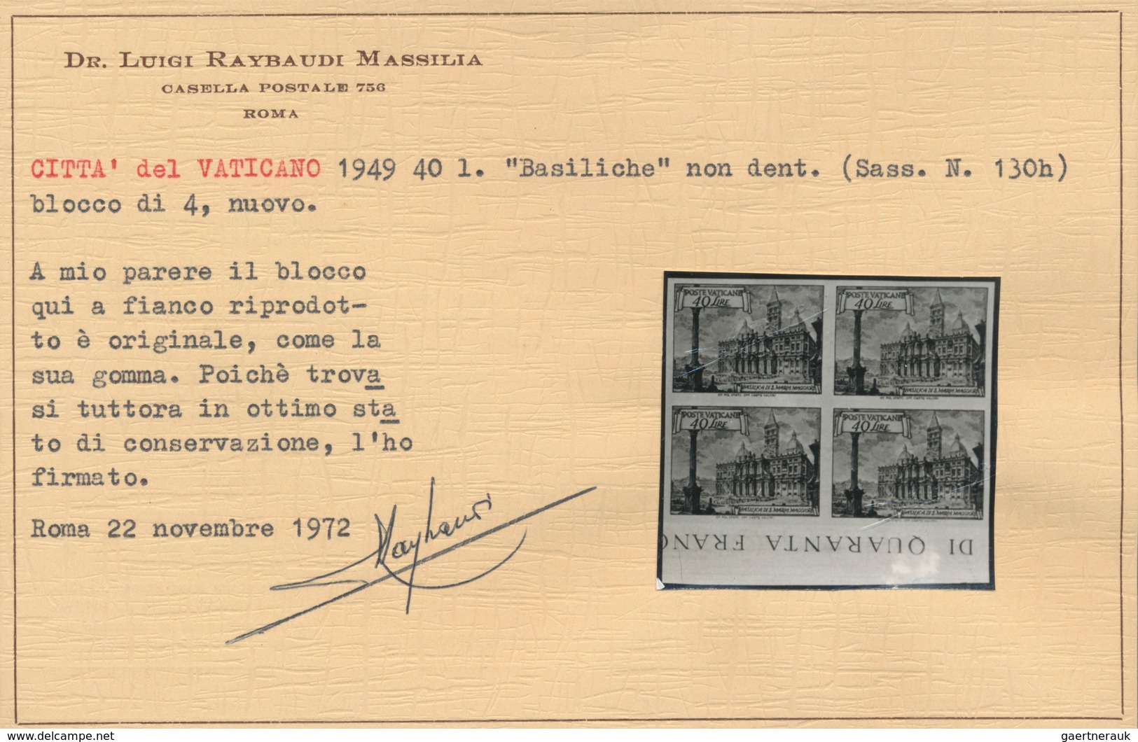 Vatikan: 1949, 40 L Blue "basilicas", IMPERFORATED Block Of 4 From Lower Sheet Margin With Margin Im - Unused Stamps