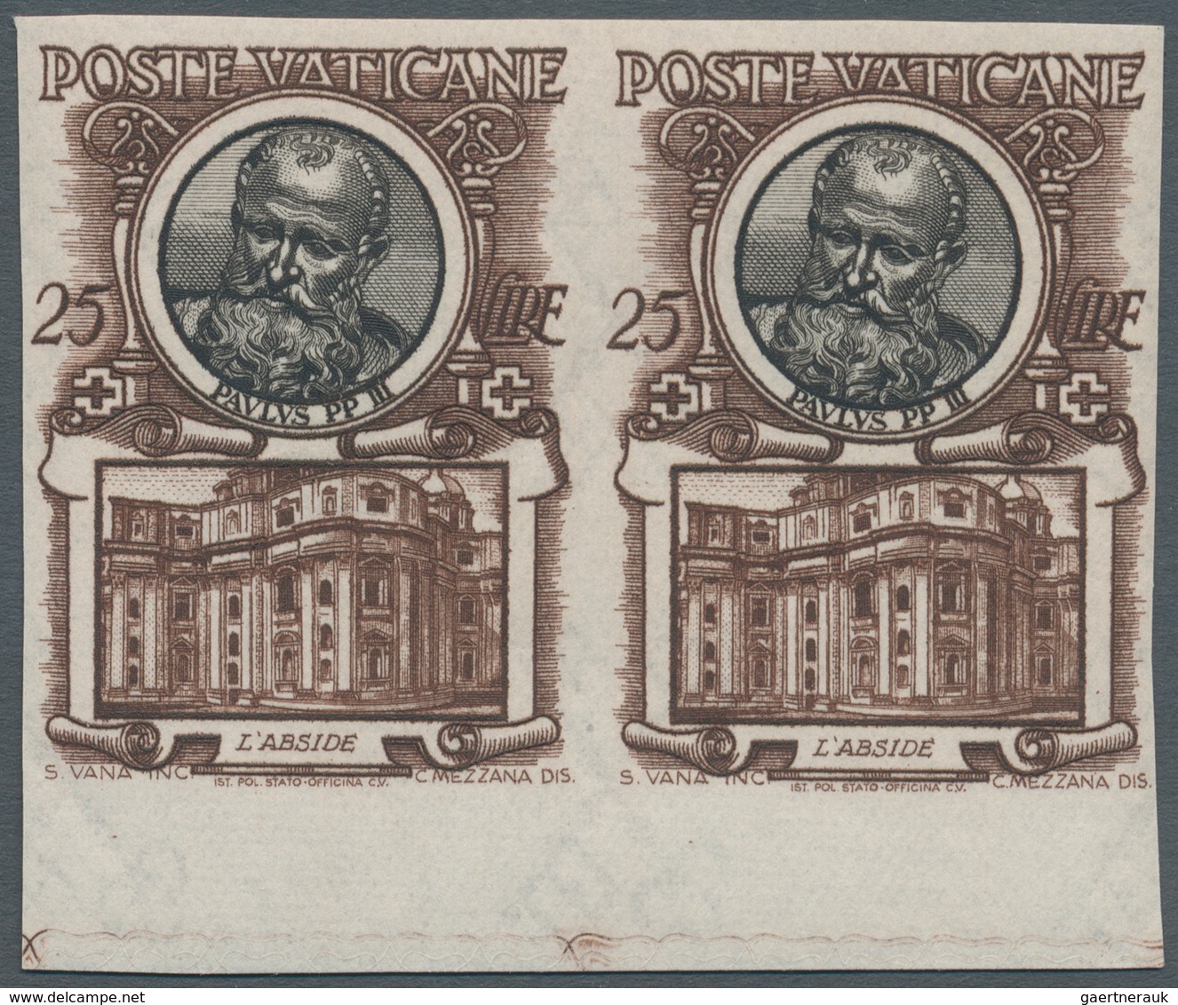 Vatikan: 1953, 25 L Brown/black Definitive "popes", IMPERFORATED Horizontal Pair From Lower Margin. - Ungebraucht