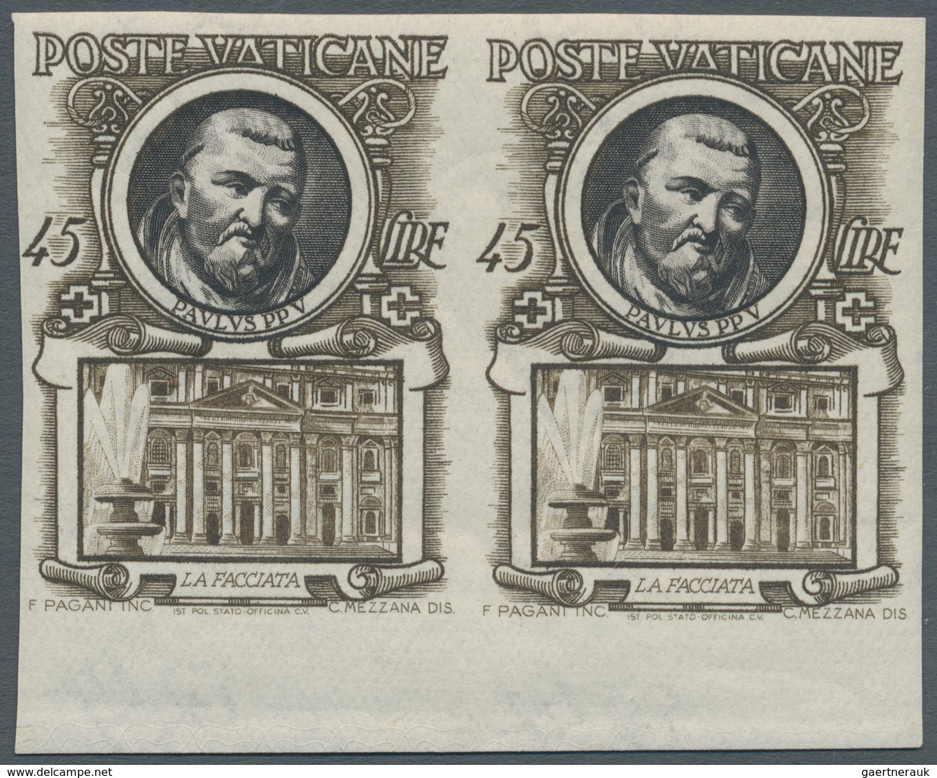 Vatikan: 1953, 45 L Olive-brown/black Definitive "popes", IMPERFORATED Horizontal Pair From Lower Ma - Unused Stamps