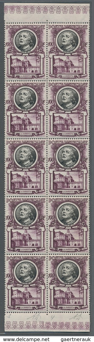 Vatikan: 1953, 100 L Brown-lilac/black Definitive "popes", Vertical Block Of 10 With Sheet Margins, - Unused Stamps