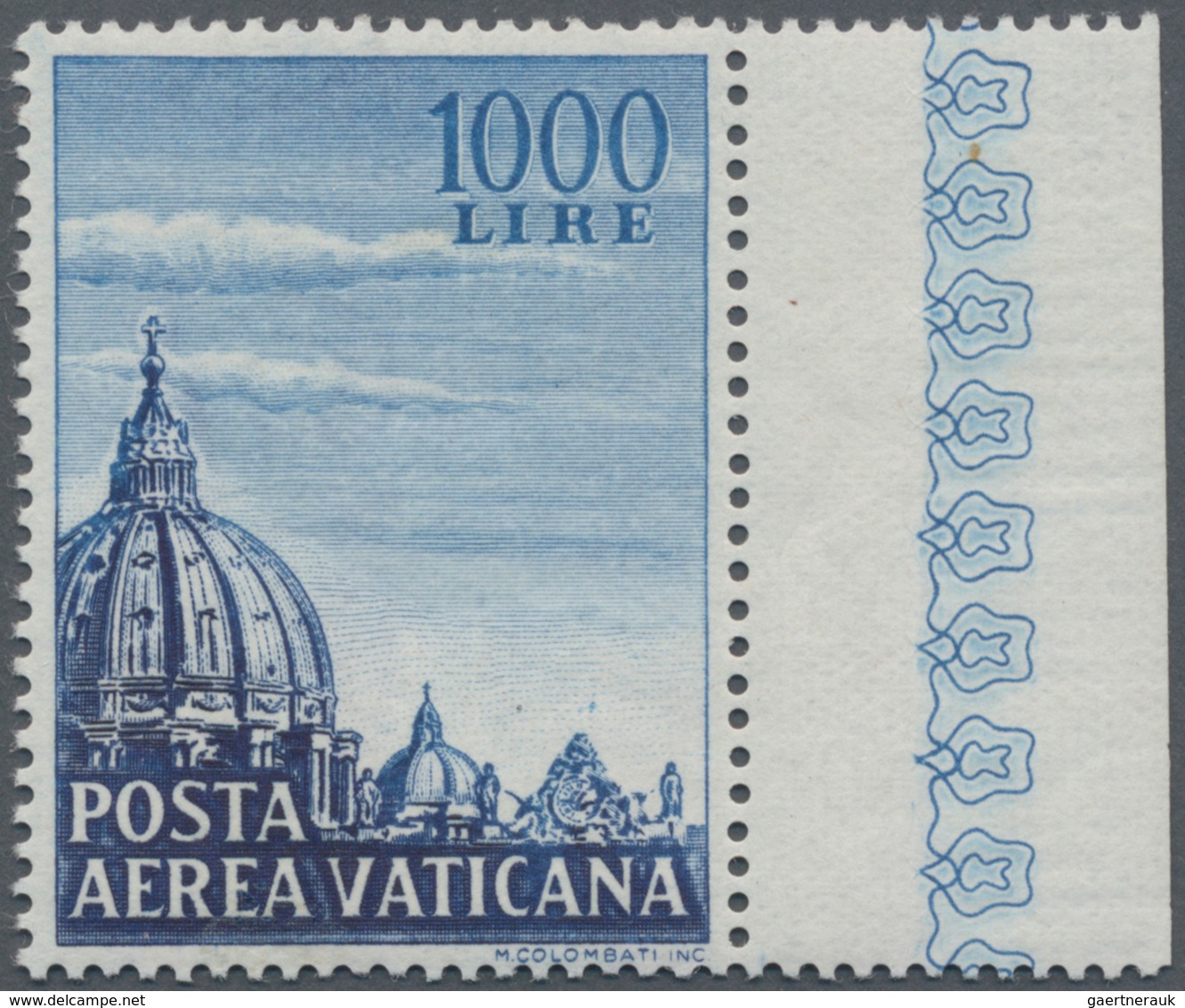 Vatikan: 1953, 1000 L Blue Airmail Stamp "Dome Of St.Peter's Basilica" From Right Sheet Margin With - Unused Stamps