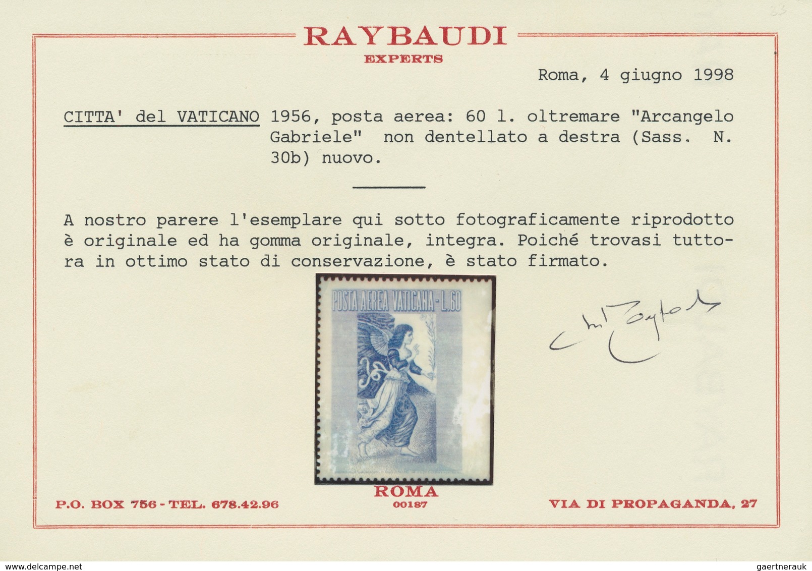 Vatikan: 1956, 60 L Ultramarine Airmail Stamp "Archangel Gabriel", IMPERFORATED At Right Side. VF Mi - Unused Stamps