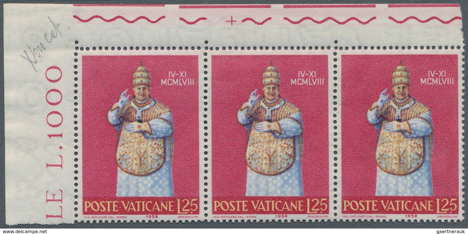 Vatikan: 1959, 25 L "coronation Of Pope Johannes XXIII.", Horizontal Strip Of 3 From Left Sheet Corn - Unused Stamps