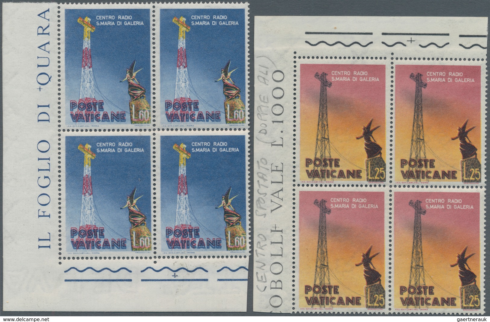 Vatikan: 1959, 25 L And 60 L "Radio Vatican", Each As Corner Block Of Four, All Stamps With Shifted - Unused Stamps