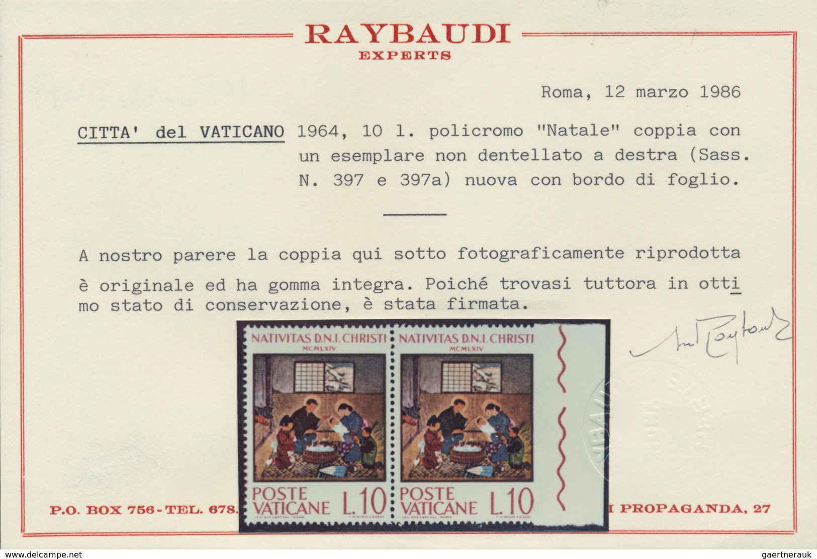 Vatikan: 1964, 10 L "Christmas", Horizontal Pair, Right Stamp With Imperforated Margin At Right. VF - Unused Stamps