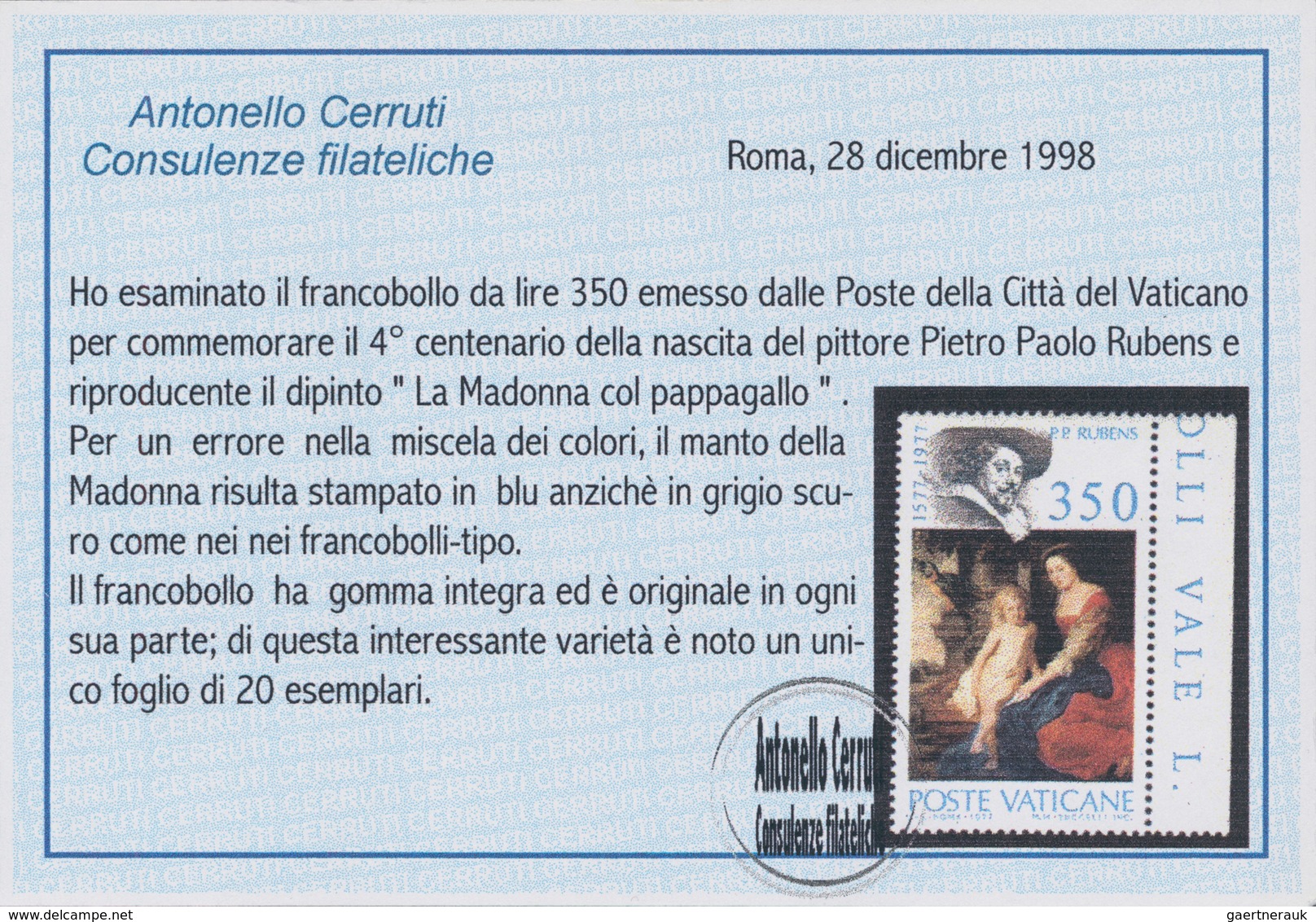 Vatikan: 1977, 350 L "Rubens" From Right Margin With Printing Error "coat On The Madonna Blue Instea - Unused Stamps